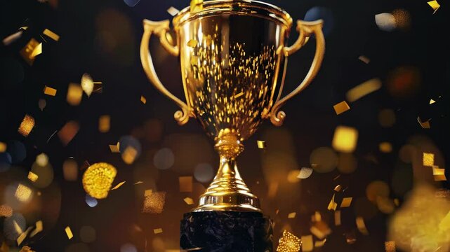 1st Golden trophy on black background with golden confetti and glitter, business and competition winner	