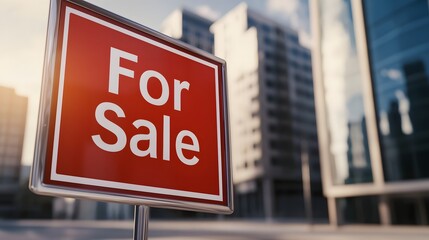 A bright red "For Sale" sign stands prominently in front of modern buildings, indicating available real estate in a bustling urban environment.