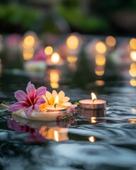 Close-up of flowers and candles on a Krathong floating on a river