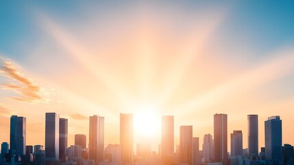 A vibrant city skyline is illuminated by a golden sunrise, highlighting modern buildings against a clear sky.