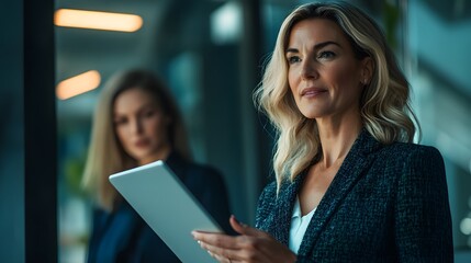 Businesswoman Holding Tablet and Looking Away While Standing in Office