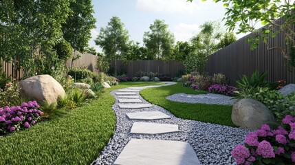 A winding stone path leads through a lush green backyard garden with rocks, flowers and a wooden fence.