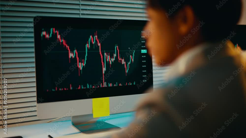 Poster businessman working late in an office, analyzing stock market data on a computer screen. charts and 