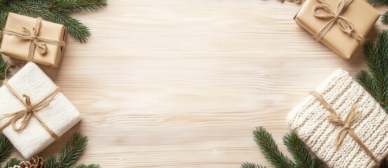 Christmas background with a wooden texture, knitted fabric, and wrapped gifts on the right side. The Christmas theme is made of wood, a sweater, pine branches, gift boxes, and garlands. 
