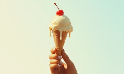 A hand holds a melting vanilla ice cream cone with a cherry on top, against a bright blue sky.