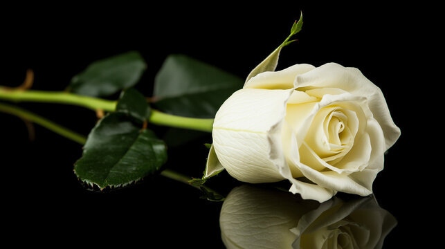 Close-up of a single white rose on a black background, symbolizing mourning and remembrance, slightly wilted to emphasize the somber theme.