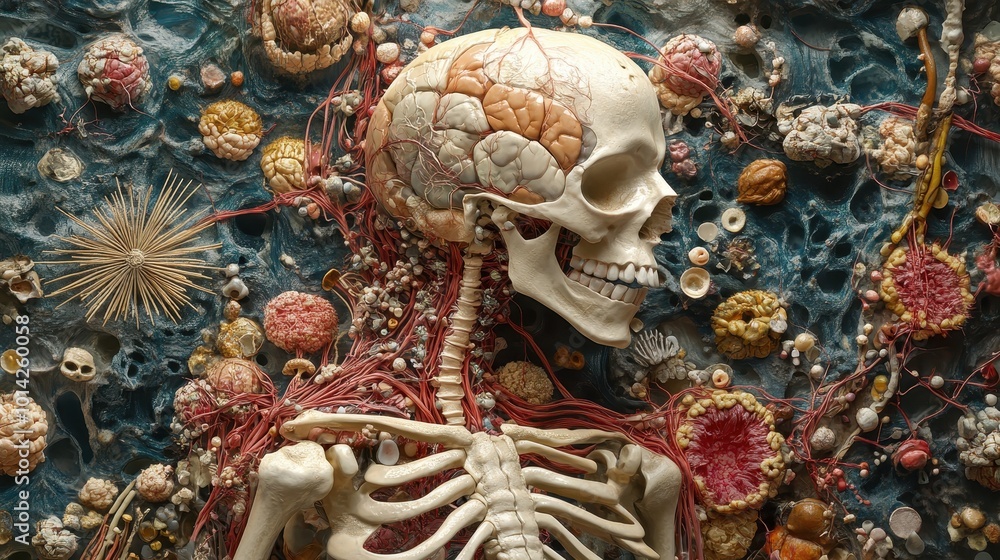 Poster an intricate anatomical depiction highlighting the layered complexity of the human skeletal framewor