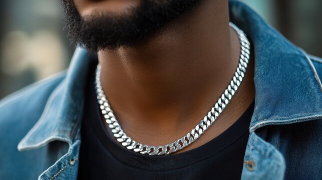 Man wearing silver necklace with chain, luxury jewelry accessory for men, elegant and shiny metal decoration, closeup of precious and expensive fashion platinum item, showcasing beauty and style