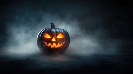 A glowing jack-o'-lantern with a spooky grin sits in the fog on a dark night.