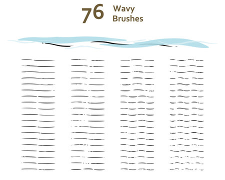 Set of 76 wavy pattern brushes for illustration, shading, engraved, water/wind effect, lino cut. Compatible with Adobe Illustrator CS6 and above.