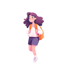 A cheerful girl running with pink shoes and a yellow backpack is suitable for lifestyle, travel, education, outdoor, and active themes. Generative AI
