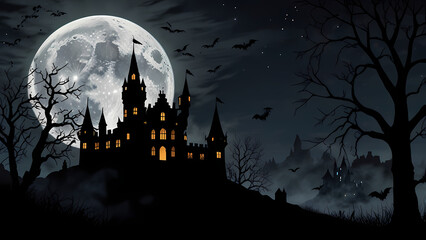 Fototapeta premium a silhouette of a haunted castle set against a large, glowing full moon in a dark night sky for Halloween Background