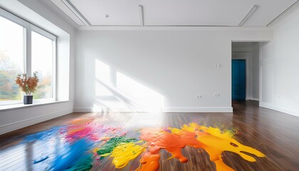 Colorful paint spills on floor