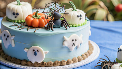 Obraz premium Blue Halloween cake with amazing decorations, spider and funny ghosts.