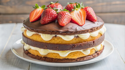 Fresh strawberries are a perfect complement to a beautiful homemade cake on a plate.
