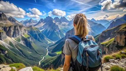 Naklejka premium Girl with a backpack enjoying the view of the mountains and cloudy sky.