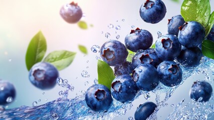 Swirl wave of blueberries with green leaves in the air, popular fruit of the season.