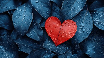 Obraz premium Red Heart on Blue Leaves