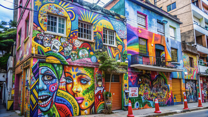 Fototapeta premium Vivid street art, the house is completely covered in graffiti, attracts attention.