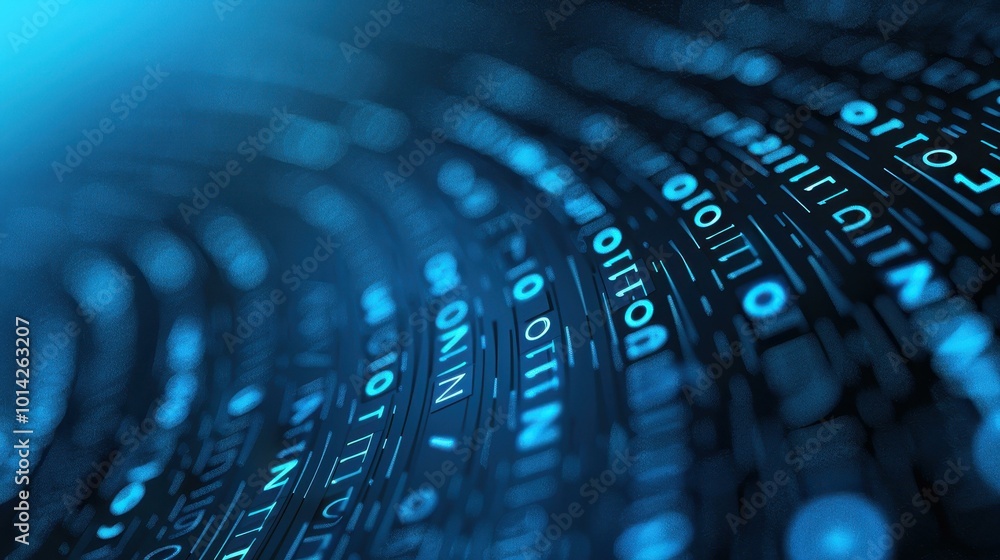 Poster a striking blue binary code design that symbolizes cybersecurity, set against a sleek dark backgroun