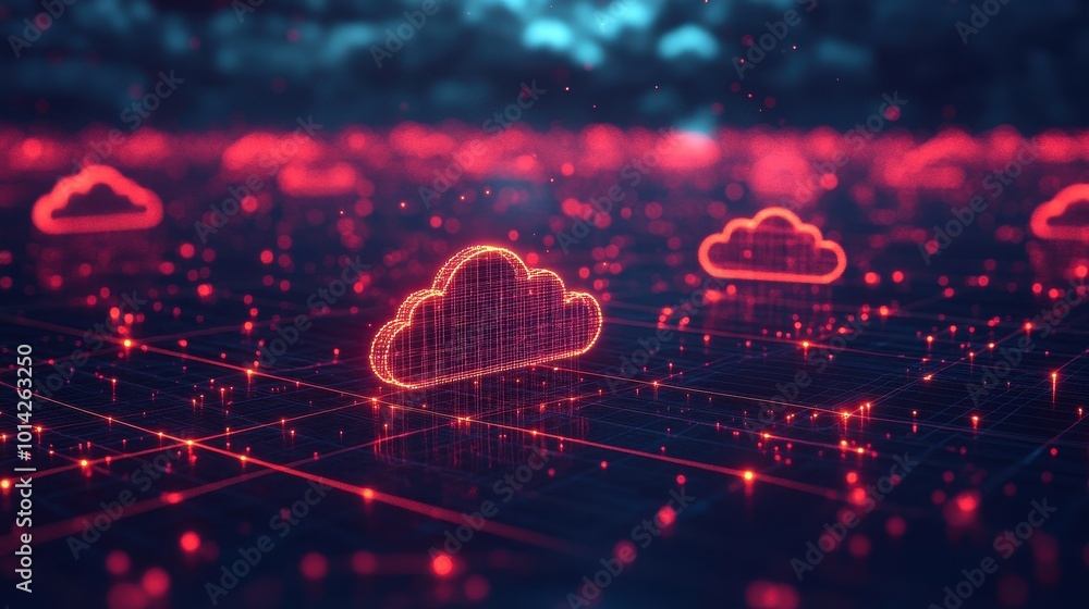 Poster red cloud icons connected by lines on a dark background, representing digital connectivity and cloud