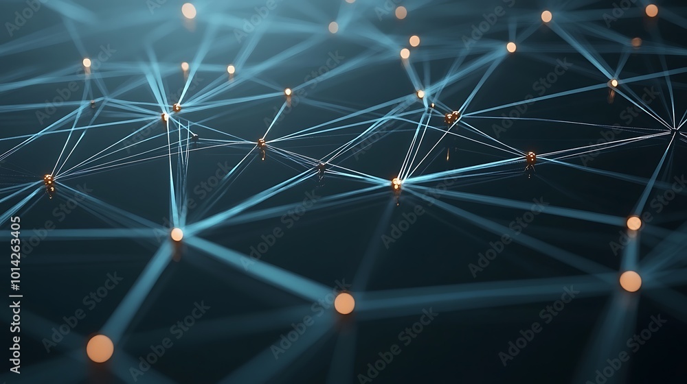 Poster Abstract network connection with glowing points connected by lines in a dark background.