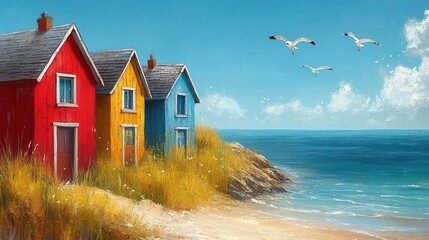 charming beach houses painted in bright hues standing against a tranquil ocean backdrop with seagulls soaring through a clear blue sky evoking a sense of serene relaxation