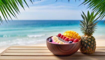 Tropical fruit bowl on beach