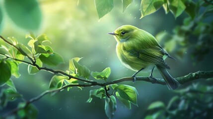Serene Green Bird Perched on a Branch Amidst a Blurred Nature Background