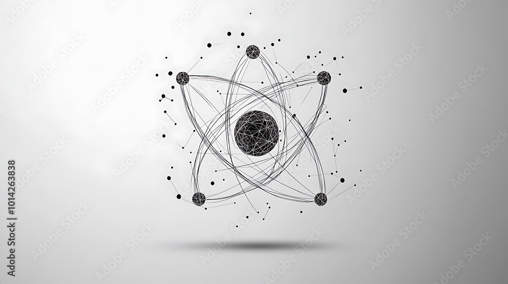Poster Abstract atom model made of lines and dots on a white background.