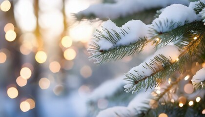 Snowy pine branch with lights
