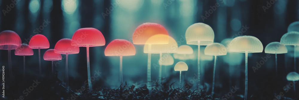 Canvas Prints A cluster of glowing mushrooms in a dark forest. They shine brightly in the dimly lit forest.