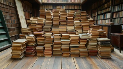 Obraz premium A large collection of old books stacked on a wooden floor in a bookstore
