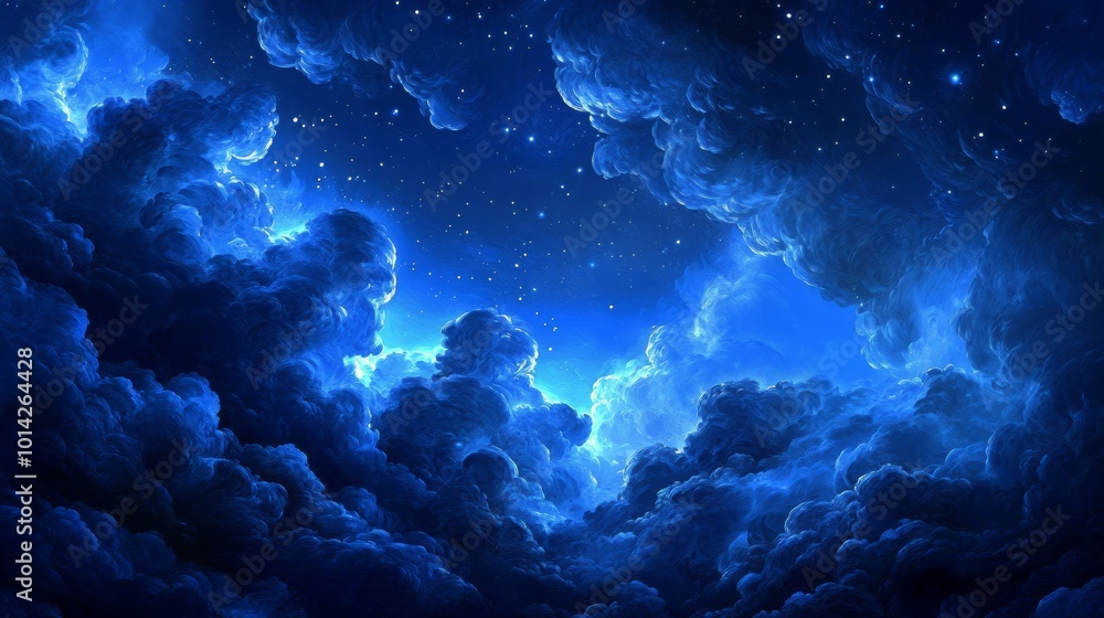 Wall mural an abstract digital art background featuring deep blue and dark black colors, with swirling clouds o