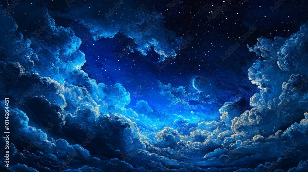 Canvas Prints an abstract digital art background featuring deep blue and dark black colors, with swirling clouds o