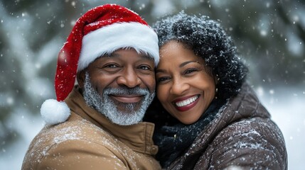 AI generative images of happy African American senior couple wearing Santa hat and celebrating New Year eve outdoors in a winter forest