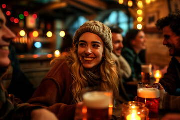 group of friends enjoying cozy evening together, sharing laughter and drinks in warm, inviting atmosphere filled with soft lights