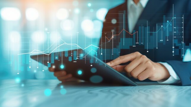 A savvy businessman reviews digital charts on a tablet, analyzing market trends for better financial decisions.