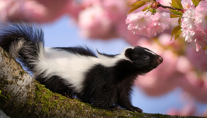 Naklejka premium spring park with blooming cherry blossoms and a skunk