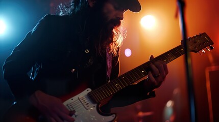 Obraz premium Rock Guitarist Performing On Stage: A Captivating Moment