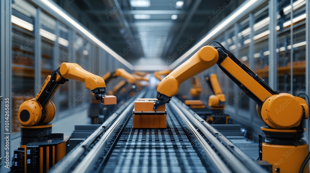 Poster innovation in logistics, advanced automated warehouse with robotic arms efficiently sorting packages