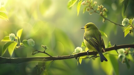 Serene Green Bird Perched on a Branch Amidst a Blurred Nature Background