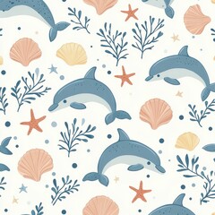 Naklejka premium Ocean themed seamless with cute, adorable, pastel colored shells, seaweed, starfish and whales