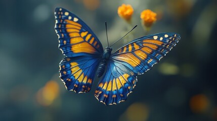 Very beautiful blue yellow orange butterfly in flight isolated on a transparent background.