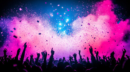 Silhouetted crowd cheering with confetti falling