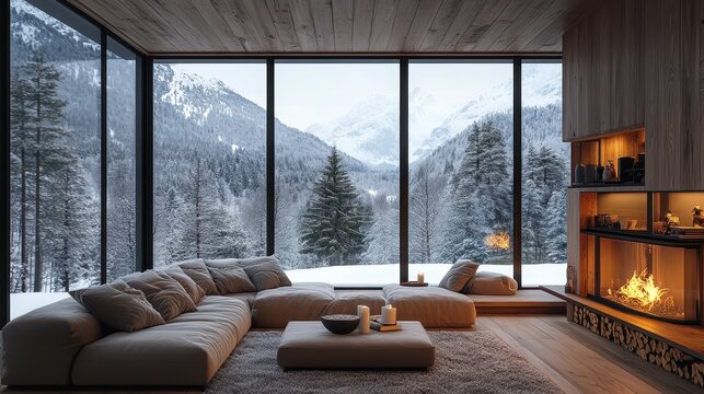 Cozy modern winter living room interior. Cozy house in the mountains