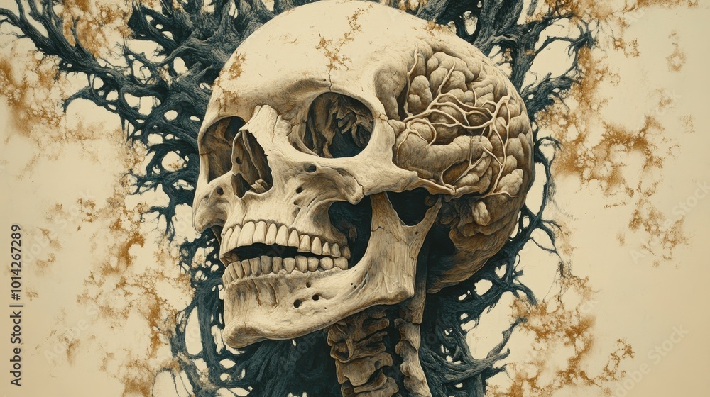 Poster an intricate anatomical illustration highlights the layered complexity of the human skeletal system,
