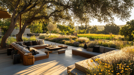Obraz premium Serene Garden Oasis: Sun-drenched patio with plush seating, inviting you to relax and enjoy the beauty of a meticulously landscaped garden, where nature's artistry meets modern design. 
