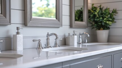 A luxurious renovated bathroom with a grey vanity rustic wood framed mirrors shiplap wall and chrome faucets and hardware