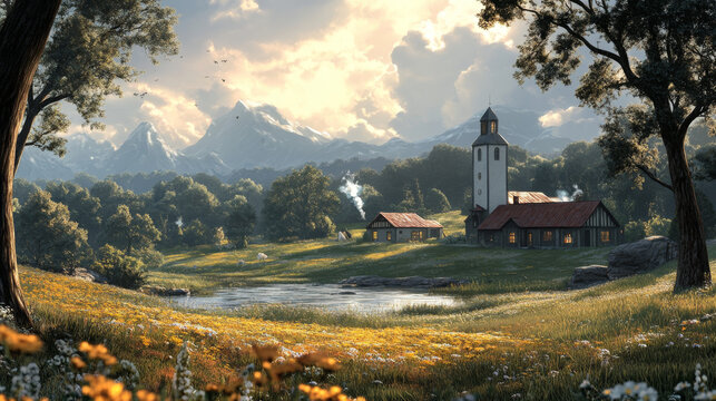 A quaint village nestled in a valley, surrounded by rolling hills and snow-capped mountains.